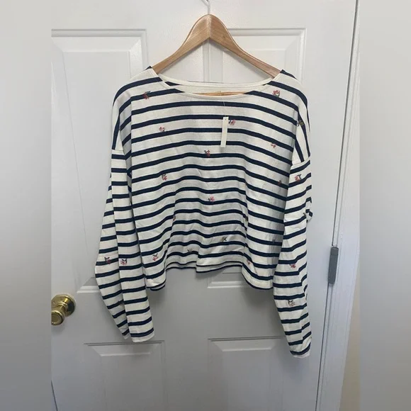 Madewell NWT Floral Embroidered Long Sleeve Crop Top Size XL Nautical Striped - Picture 2 of 9